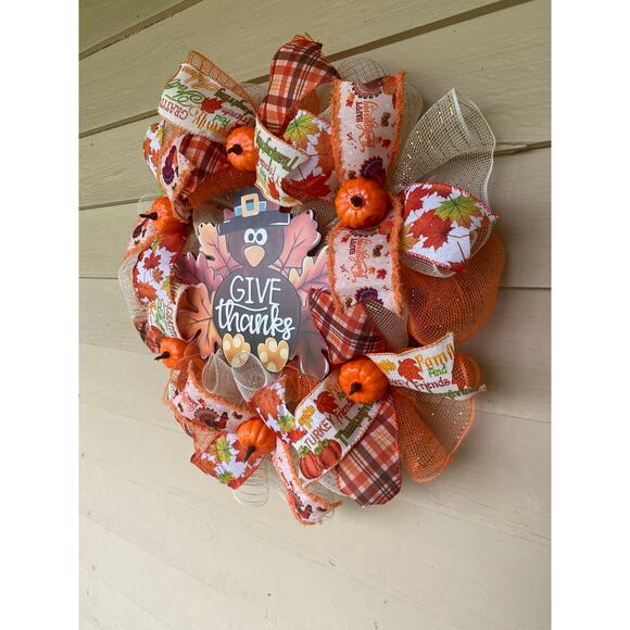 Give Thanks Thanksgiving Turkey Wreath – Fall Harvest Front Door Decor - Picture 5 of 7